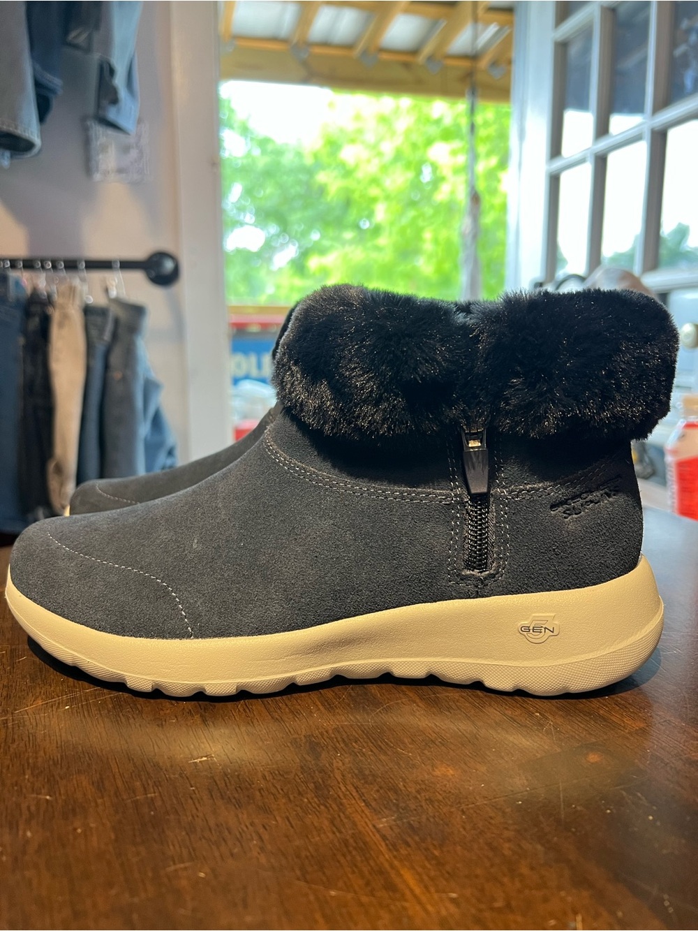 Skechers  Slip-In Navy Faux-Fur Cuff Bootie water-repellent